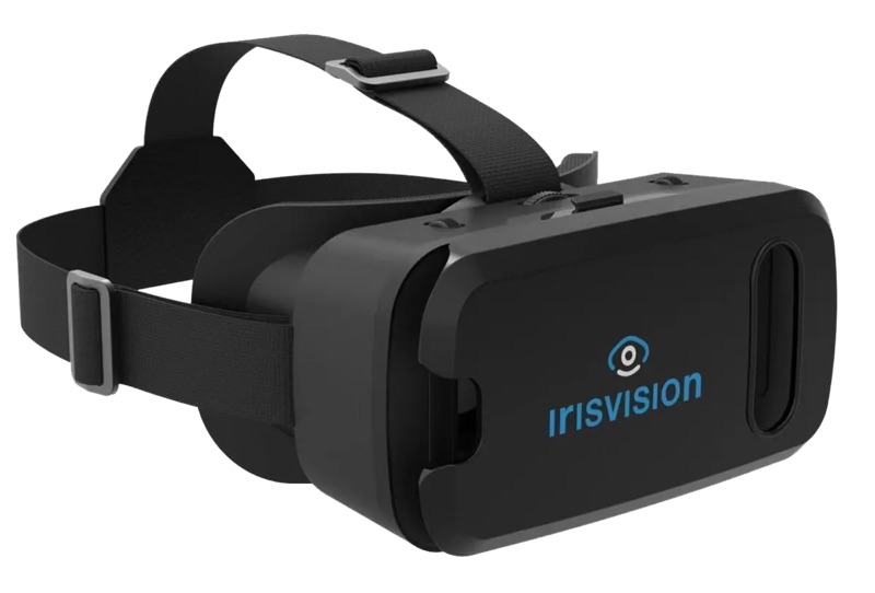 IrisVision Vista, a black VR-style headset with a head strap