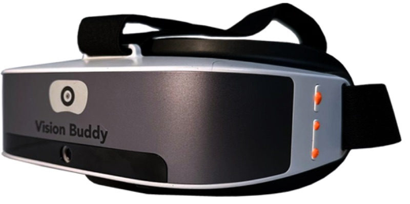 Vision Buddy Mini, a silver and black headset with a strap