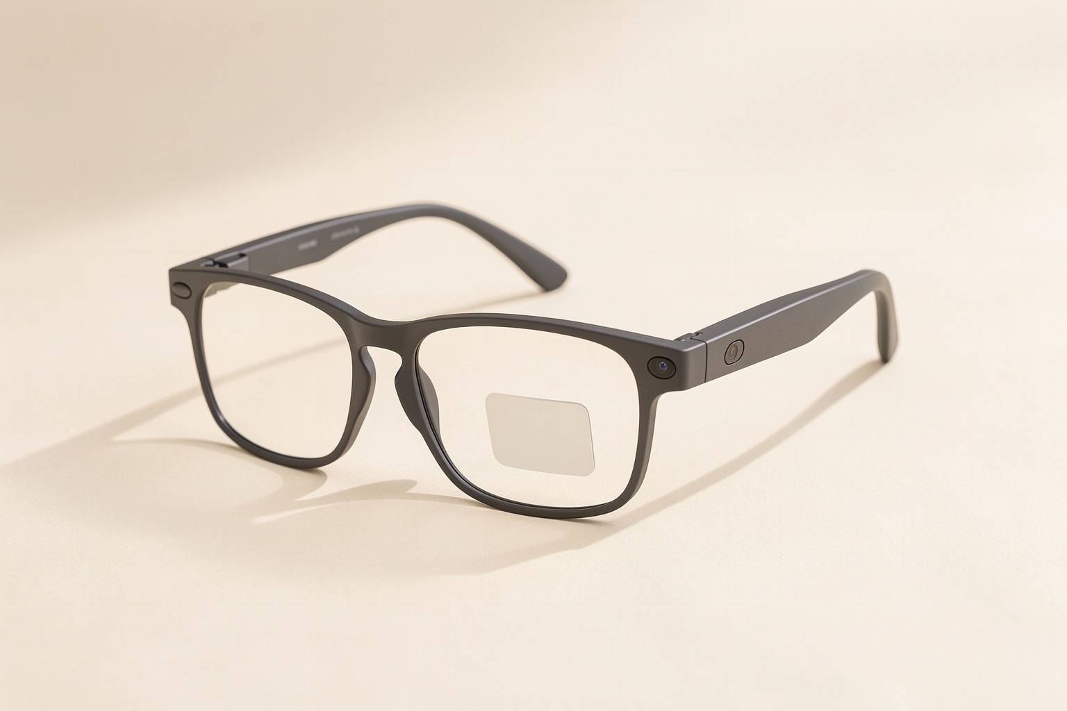 Concept: slim graphite glasses with a small display in the left lens and a side-facing camera on the right temple.