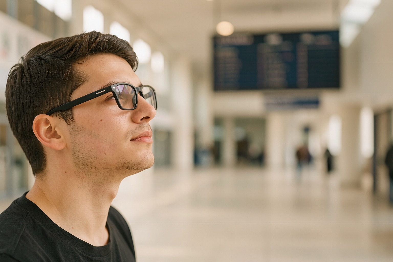 A young person in ordinary-looking smart glasses squints at a distant departure board in a train station.